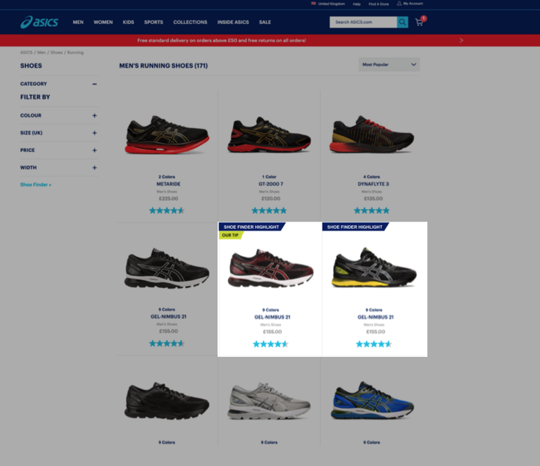 asics case study-shoe finder highlight product badge on PLP